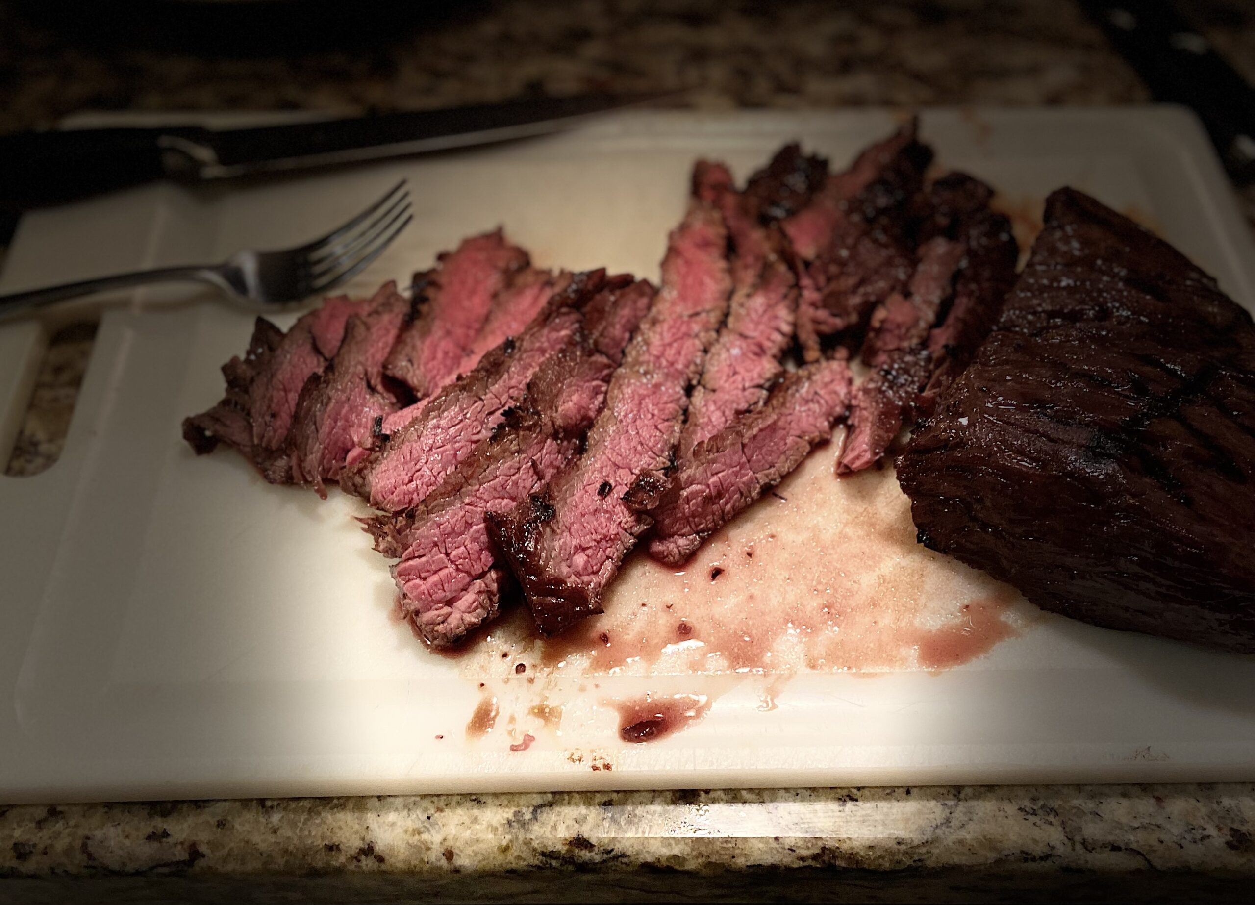 Grilled marinated bavette steak sliced on the bias