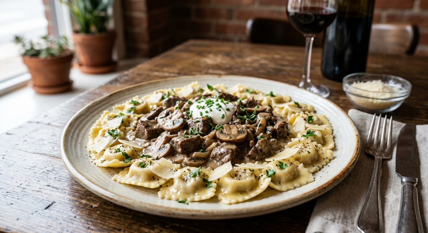 Bocuse d'Or-inspired beef stroganoff with agnolotti, plated with a dollop of sour cream and fresh herbs