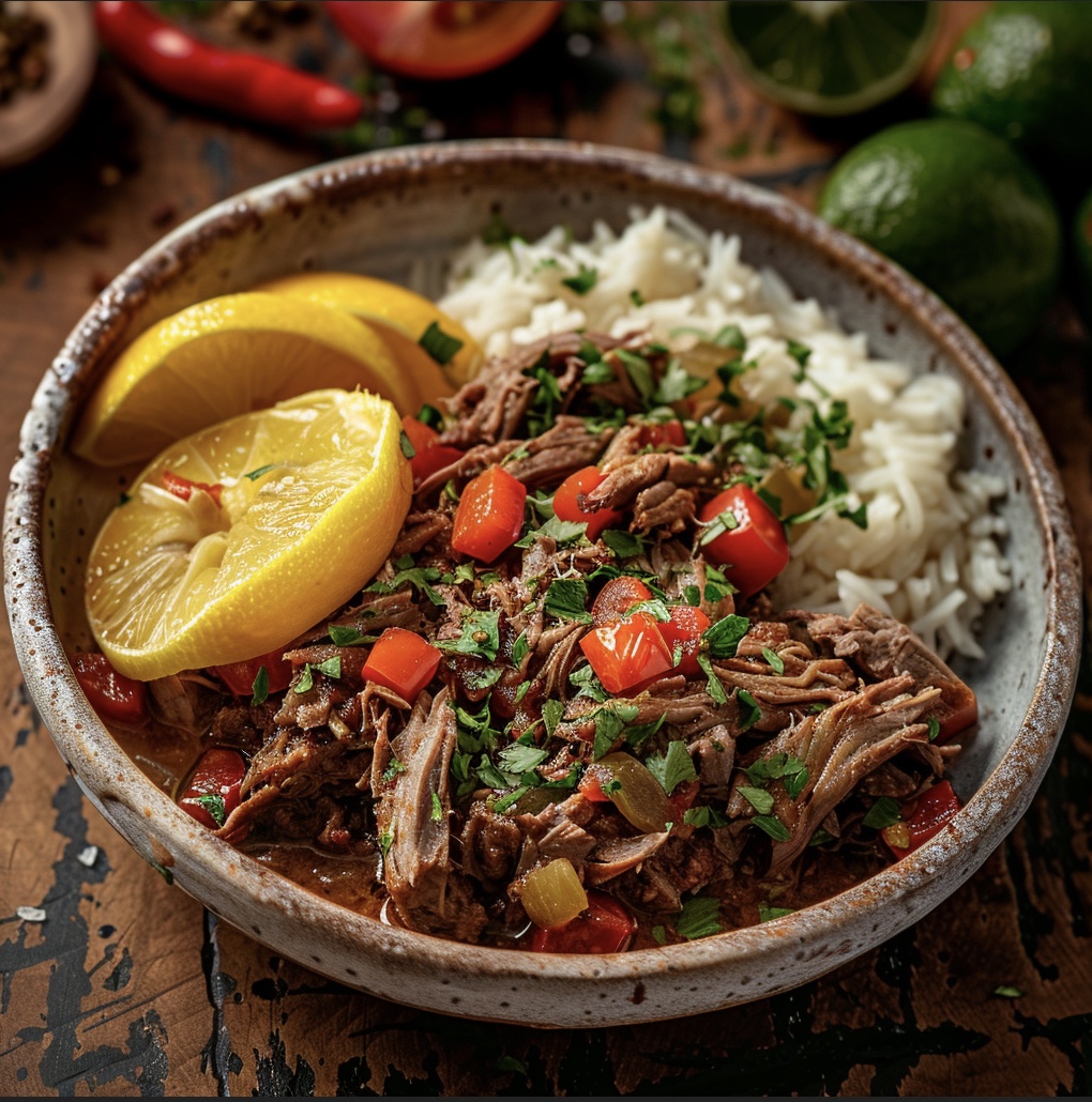 Jeff's Ropa Vieja — shredded braised skirt steak in a sofrito of onions, peppers, and tomato, served over pappardelle