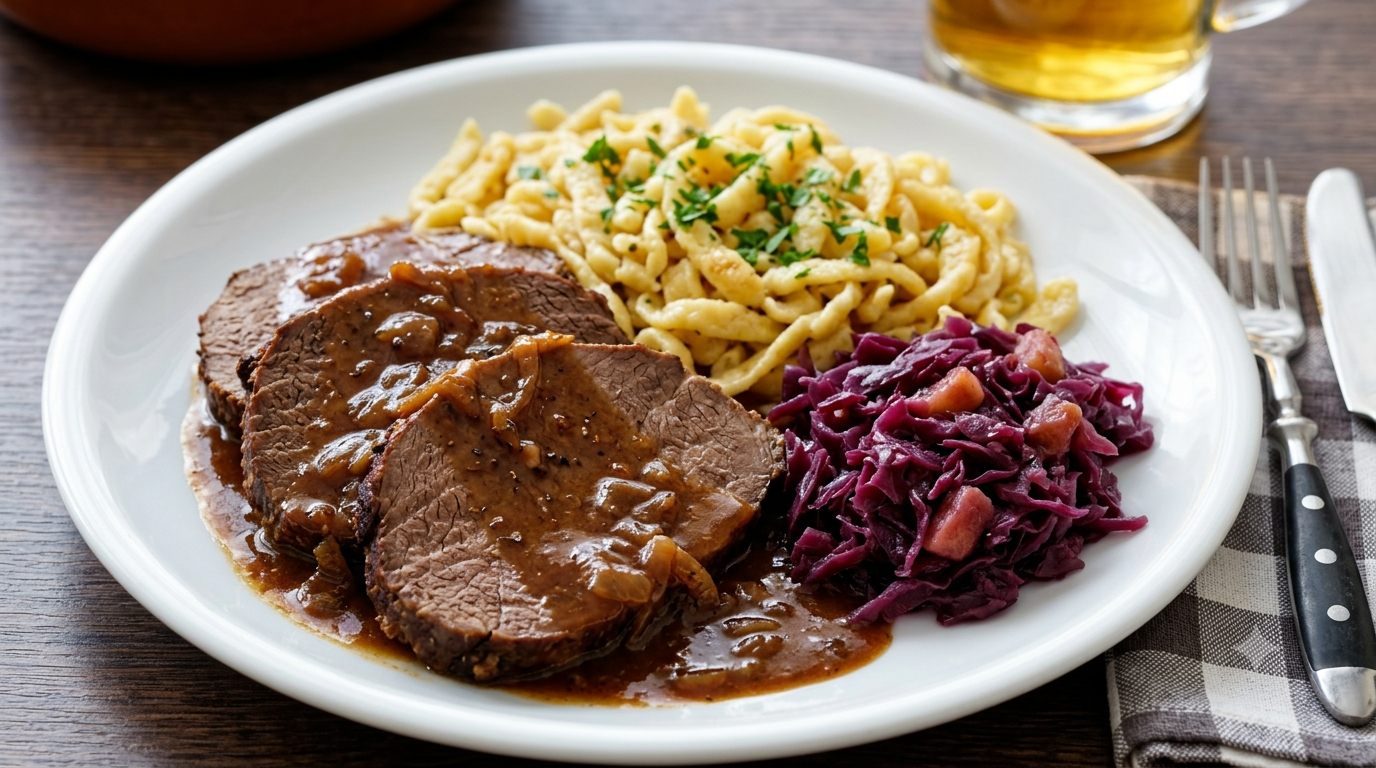 Sliced sauerbraten with gingersnap gravy, served over spaetzle with a side of rotkohl
